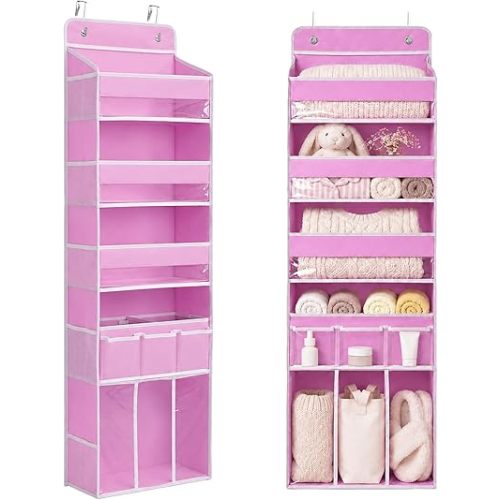 Door Hanging Storage Organizer with 3Bins1 Movable Baby Diaper Caddy,1Large capacity diaper stacking storage Organizer,10Side Pockets,Suitable to Store All Items,Bedroom Nursery Essentials. (Pink)