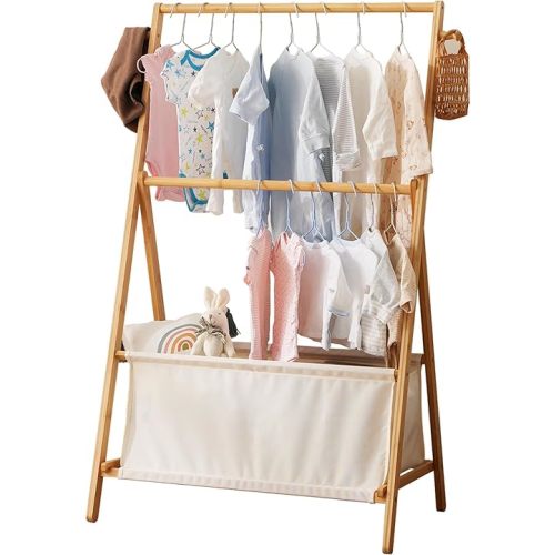 Baveke Montessori Bamboo Clothing Rack for Toddlers - Foldable Kids Wardrobe Organizer with Storage Basket, Nursery Clothes Storage Rack for Small Spaces, Sustainable & Easy Assembly