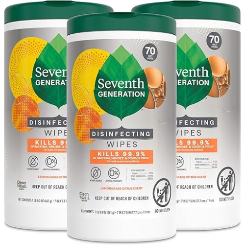 Seventh Generation Disinfecting Multi-Surface Wipes, Lemongrass Citrus, 70 Count, Pack of 3 (Packaging May Vary)