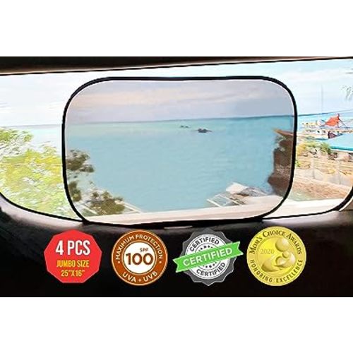 kinder Fluff Car Window Shade (4Pack)-The Only Certified Car Window Sun Shade for Baby Proven to Block 99.95% UVR - Mom's Choice Gold Award - Car Seat Sun Protection - Jumbo