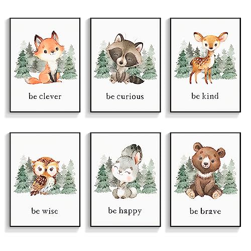 gooptyinh Framed Woodland Nursery Animal Canvas Wall Art, 6 Piece Inspirational Forest Animals Print Posters, Motivational Quotes Cute Bear Fox Rabbit Deer Raccoon Owl Decor for Baby Bedroom 8x10in