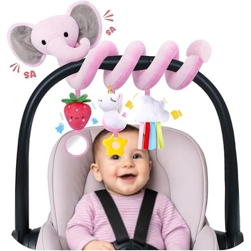 Spiral Car Seat Toys for Baby Girls 0-6 Months, Perfect Newborn Gifts for Girls Essentials, Cute Pink Elephant Strawberry Hanging Plush Items