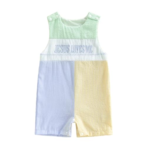 KMBANGI Baby Boy Girl Jesus Loves Me Overall Romper Newborn Christian Outfit Sleeveless Seersucker Bodysuit Baptism Clothes