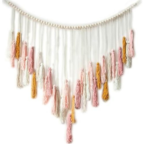 Decocove Macrame Wall Hanging - Large Macrame Wall Hanging with Wood Beads - Bohemian Wall Decor for Bedroom, Living Room and Kitchen - Pink and Gold- 35'' x 36''