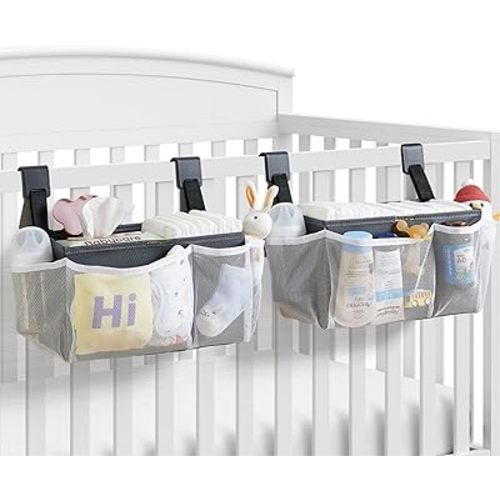 2-Pack Hanging Diaper Organizer for Crib & Changing Table | 50+ Large Capacity Baby Diaper Caddy, Washable Newborn Essentials Organizer for Baby Girl, Ideal Baby Shower Gifts with Hook Straps