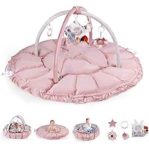 Baby Play Gym Mat, 50" x 50" Large 6-in-1 Cozy Tummy-Time Playmat with 5 Toys, Sensory Motor Skill Development Gift, Machine Washable Activity Padded Floor Mat for Newborn (Pink)