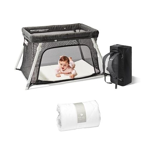 Guava Lotus Travel Crib Bundle with Quilted Sheet & Mattress | Play Yard with Lightweight Backpack Design | Certified Baby Safe Portable Crib | Folding Portable Playpen for Babies & Toddlers