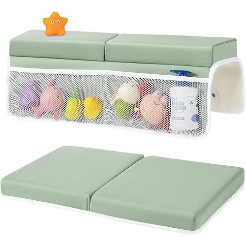 Comfortable Bath Kneeler and Elbow Kneeling Rest Pad - Painless Foam Mat with Elbow Support - Baby Bathtub Cushion with Organizer, Quick Drying, Foldable, Non-Slip for Bathing Infant or Toddler-Green