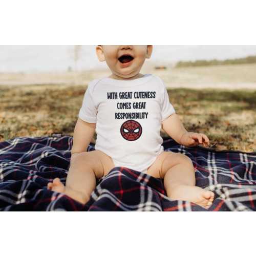 Funny Superhero Baby Bodysuit – “With Great Cuteness Comes Great Responsibility” – Cute Baby Gift – Marvel-Inspired Baby Outfit – Spider Bab