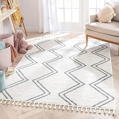 Well Woven Merri Grey Ivory Geometric Stripes Pattern Stain-Resistant Area Rug 5x7 (5'3" x 7'3")