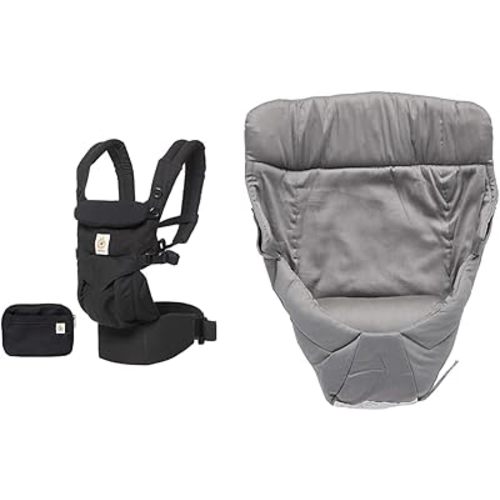 Ergobaby Omni 360 All-Position Baby Carrier for Newborn to Toddler with Lumbar Support (7-45 Pounds), Pure Black, 1 Count (Pack of 1) & Easy Snug Infant Insert, Grey, Premium Cotton