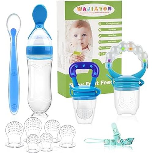 WAJIAYON Baby Fruit Feeder Pacifier - 12 Pack | 2 Infant Food Feeder Pacifier & 1 Babies Food Dispensing Spoon | Fruit Teethers for Babies | Silicone Teether Feeder Baby,Infant Teething Feeders (Blue)