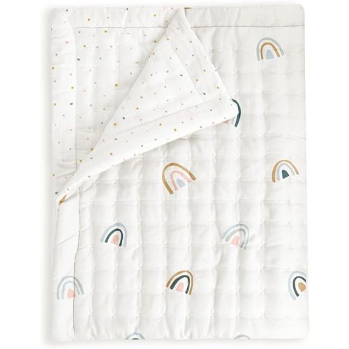 MakeMake Organics Organic Toddler Comforter GOTS Certified Organic Crib Blanket Cotton Infill Tufted Reversible - Ultra Soft Breathable (44"x60", Dotty + Rainbow)
