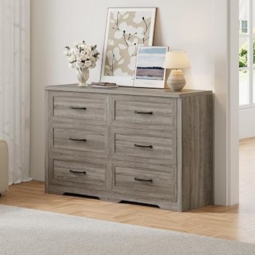 Ball & Cast Farmhouse 6 Drawer Dresser for Bedroom, 47" W Modern Chest of Drawers with Metal Handles, Wood Dresser TV Stand, Dresser Drawer Organizer for Closet, Living Room,Hallway,Gray