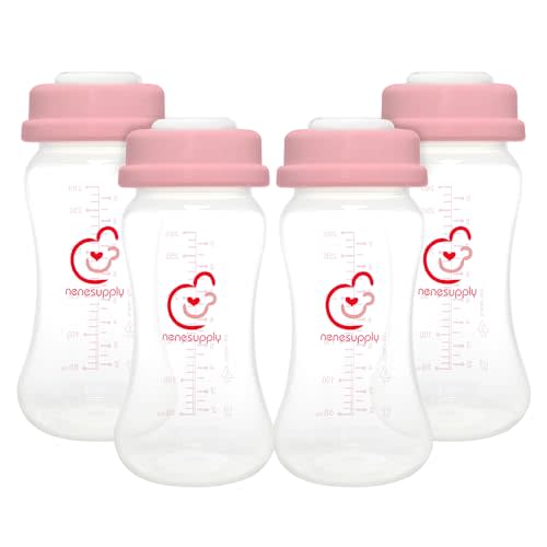 NENESUPPLY Breastmilk Storage Bottles Collection Bottles for Spectra S1 S2 Motif Luna Breast Pumps 4 pc 9oz 280ml with Collar and Sealing Disc. Replace Spectra Bottles for Pumping Wide-Mouth