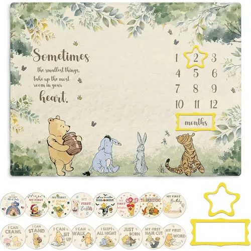 Winnie Milestone Blanket for Baby, the Pooh Babies Monthly Blanket, Winnie Quotes Baby Milestone Blankets, Newborn Photography Background Decor, with 8pcs Double-sided Printed Holiday Cardstock