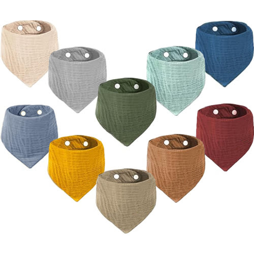 Muslin Baby Bibs, Drool Bibs, Muslin Triangular Scarf, Baby, Super Absorbent Organic Cotton Neckerchief for Infants Toddlers 10 Pack