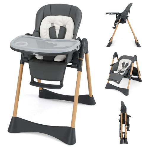 INFANS Baby High Chair, High Chairs for Babies & Toddlers with Adjustable Height Backrest Footrest Removable Tray, Easy to Clean PU Seat Convertible Quick Folding Portable Highchair (Dark Gray)