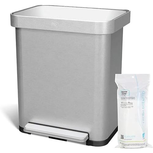 Home Zone Living 13 Gallon Stainless Steel Kitchen Trash Can with Slow Closing Lid and Wide Opening, Virtuoso Collection, Silver