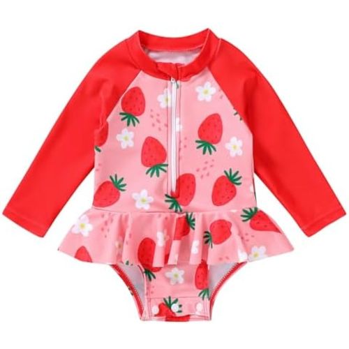 YOUNGER TREE Baby Swimsuit Girl Long Sleeve Ruffle Zipper Rash Guard Infant One Piece Swimwear Toddler Bathing Suit Girl