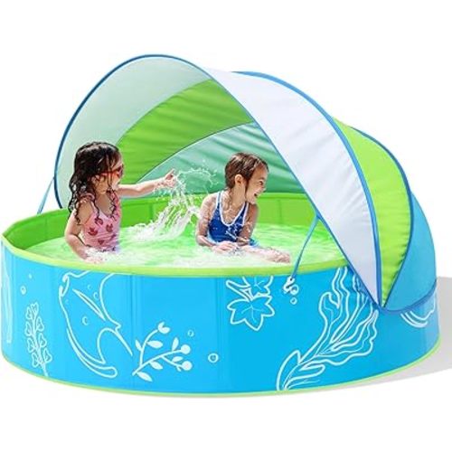 Foldable Kiddie Pool with Canopy: 47in Baby Pool and Beach Tent for Toddlers Infants 6-12 Months and Kids 2-4 Years Old - Portable Water Play with Shade for Outdoor Backyard Beach (Blue-Green)