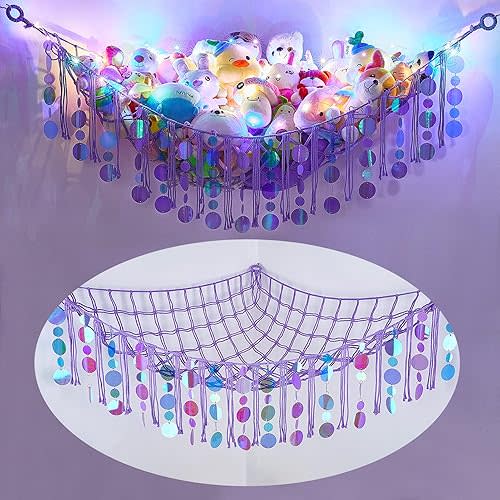 FIOBEE Stuffed Animals Hammock Net Toy Storage Organizer with LED Light, Stuffed Animals Storage Girls Room Décor Wall Hanging with Sequins for Kids Bedroom Nursery Playroom, Purple