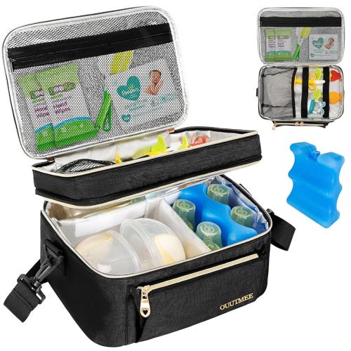 Wearable Breast Pump Bag, Double Layer Breastmilk Cooler Bags Portable Breastfeeding Pumps Carrying Case for Nursing & Working Moms (Ice Pack included)
