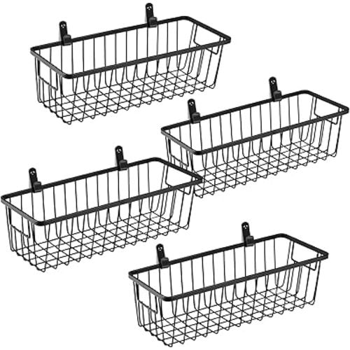 SheeChung Farmhouse Metal Wire Bin Basket with Wall Mount - Small, 4 Pack - Portable Hanging Wall Basket, Rustic Home Storage Organizer for Cabinets, Pantry, Closets, Bathroom, Kitchen,Bedroom(Black)