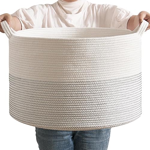 CLHMILY&Z Large Woven Storage Basket - 22x14.2 Inches - Modern Nursery Bin, Round Baby Toy Organizer, Soft Cotton Hamper for Home Decor, Multi-Purpose Home Tidy Solution