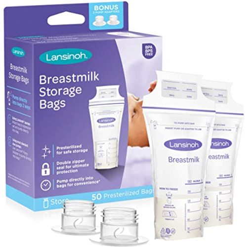 Lansinoh Breastmilk Storage Bags with Pump Adapters for Bags, 50 count