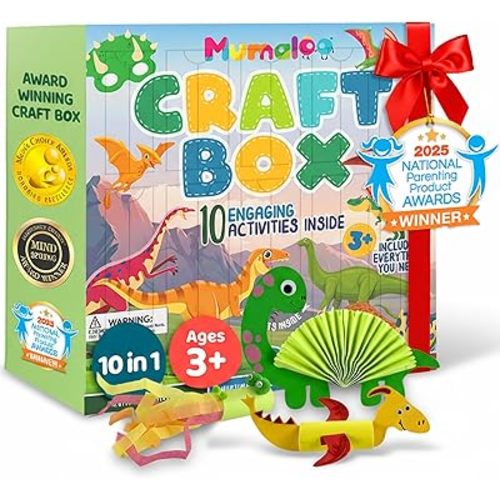 Dinosaur Craft Box - 10 Creative Arts and Crafts for Kids Ages 4-8, Fun, No Mess, Educational, Toddler, Preschool & Homeschool Activities Kit with Supplies, Christmas Gift for Girls and Boys