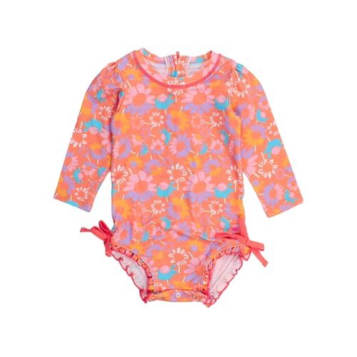 RuffleButts Baby Girls UPF 50+ Sun Protection Floral Printed Long Sleeve One Piece Rash Guard Swimsuit with Zipper