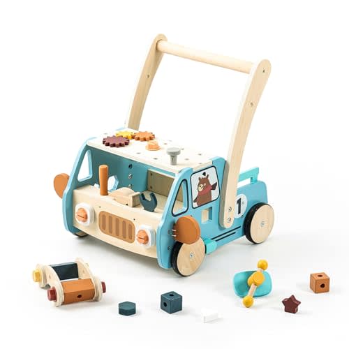 IEATFO Wooden Baby Walker Adjustable Height & Speed with Tool Bench and Toy Storage Wagon - Multifunctional Toddler Push Walker Ergonomically Designed for Natural Walking - 3+ Years of Continuous Use