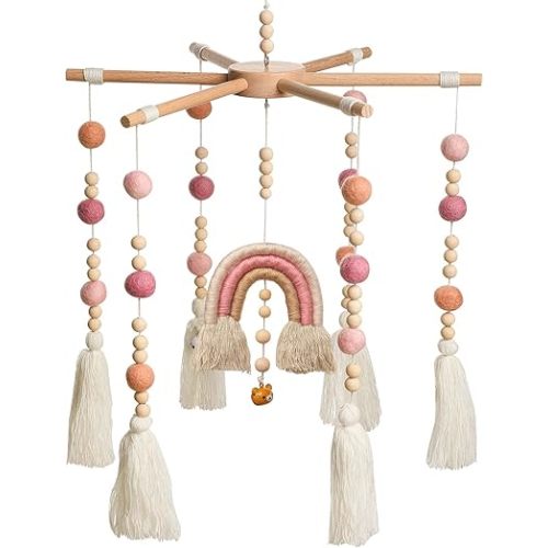 Baby Crib Mobile,Crib Mobile Wooden Mobile with Colorful Cotton Ball Wool Felt Ball Boho Baby Mobile Bassinet Mobile for Crib,Mobile for Baby Nursery and Ceiling Decoration