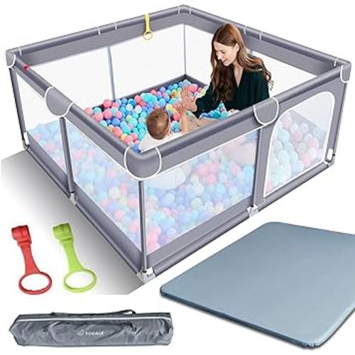 TODALE Baby Playpen with Playmat- Safe Sturdy Anti-Slip, No Gaps Play Yard for Floor, Baby, Toddler, Infant, Child, Indoor & Outdoor, Self-Inflatable Foldable Mat, Play Pen & Play Mat (Gray,50”×50”)