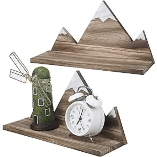 Kigley 2 Pieces Wooden Floating Shelves Snowy Mountain Wall Shelves Rustic Kids Nursery Decor Geometric Boho Hanging Shelf Wall Mounted Display Storage Shelf for Bathroom Nursery Bedroom Office Room
