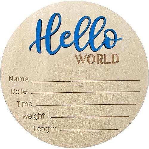 Baby Announcement Sign, 5.9 Inch Wooden Hello World Newborn Welcome Sign, Birth Announcement Sign for Hospital, Newborn Name Sign Plaques for Photo Props Baby Shower Nursery (blue)