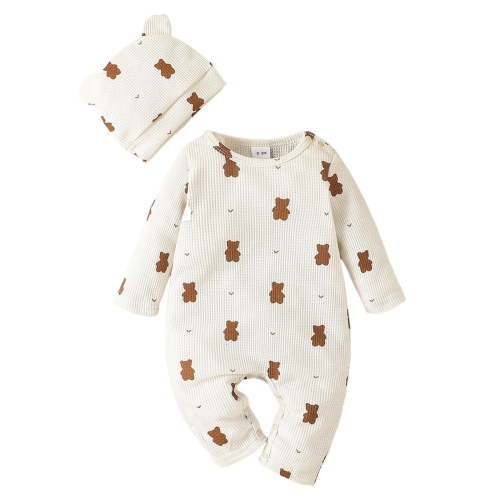 MQLKF Infant Boys Girls Long Sleeve Cartoon Bear Prints Romper Newborn Bodysuits Jumpsuit Outwear With Hat Outfits Cute Comfortable Infant Clothes
