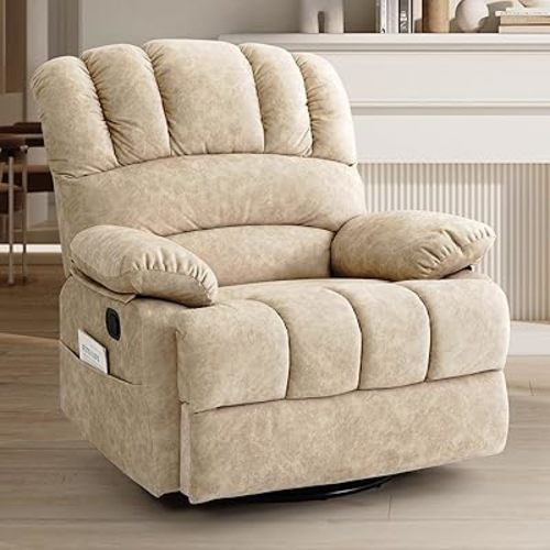 Oversized Recliner Chair,360 Swivel Rocker Recliner for Big and Tall,Manual Glider Lazy Recliners for Adults,Living Room Chairs,High Back,Wide Seat,Large Footrest(Beige)