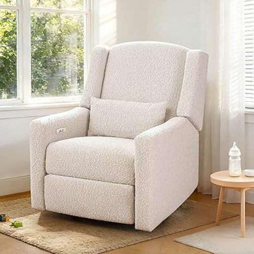 Madaha Power Recliner Chair Swivel Gilder Rocking Chairs Skin-Friendly Power Recliner Nursery Chair for Adults with Waist Pillow, USB Charging (Beige, Only Recliner Chair)