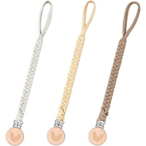 3 Pack Pacifier Clip for Boy and Girl, Pacifier Leashes woodern Clips Teething Toy with Handmade Braided Cotton Modern Unisex Baby Shower Birthdays Christmas Set