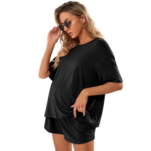 Verdusa Women's Maternity Pajama Set 2 Piece Drop Shoulder Top and Short Lounge Sets
