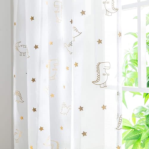 Cute Dinosaur Sheer Curtains for Kids Bedroom Sets - Rod Pocket Gold Foil Print Voile Drapes Star and Dino Pattern White Sheer Curtains 84 Inch Length for Boys Nursery Room Decor, Set 2 Panels, 52x84