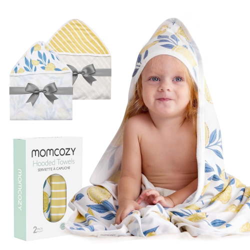 Momcozy Baby Hooded Towel, 2 PackBaby Towel Set, Super Soft Bath Towel with Original Design, Shower Gifts for Infant, Toddler (28 X 28 Inch, Lemon Leaves)
