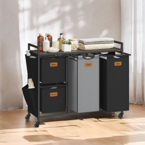 LEDREM Chestnut Brown, Ink Black and Dove Gray 39.6 Gal. (150 L) 4 - Compartment Laundry Hamper. A rolling laundry cart with shelves and 6 labels.