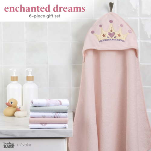 Evolur Enchanted Dreams 6 pc Gift Set - Hooded Towel & 5pc Wash Cloths, Princess Print