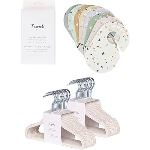 3 Sprouts Closet Dividers & Hangers Bundle - 8 Baby Size Dividers (Terrazzo) and 30 Velvet Hangers for Baby Clothes (Cream)