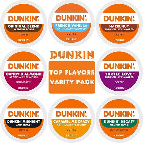 Dunkin K-cups Variety Pack Sampler Includes Original, French Vanilla, Hazelnut, Turtle Love, Candy'd Almond, Caramel Me Crazy, Midnight, And Decaf 24 Count
