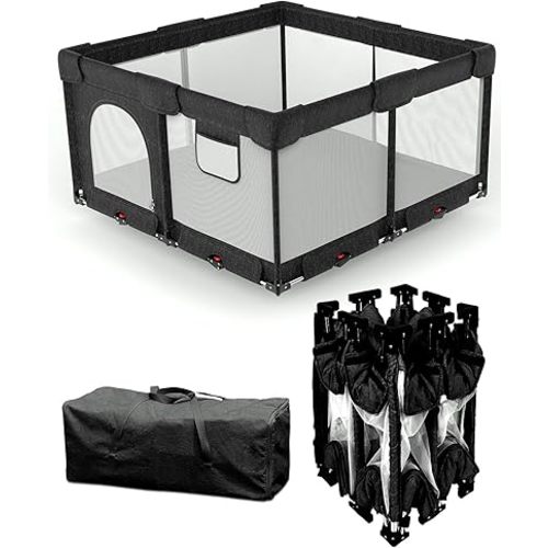 Dearlomum Foldable Baby Playpen with Non Removable Thick Mat,Collapsible Playpen for Babies and Toddlers, Extra Large Foldable Playpen for Baby with Gate, Travel Play Pen (Black 51"×51")