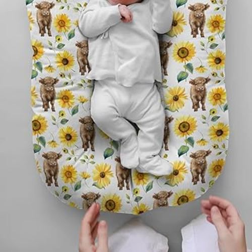 HawSkgFub Highland Cow Sunflower Baby Lounger Cover, Western Cowgirl Floral Newborn Girls Nap Pillow Covers Shower Gift, Fall Autumn Flower Soft Breathable Snuggle Fit Infant Nest Slipcover Cover Only